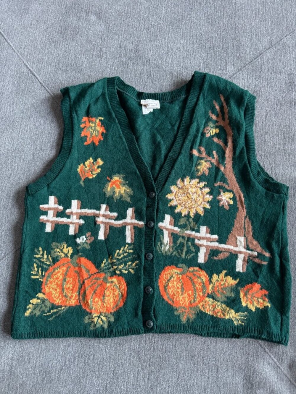 Vintage Southern Lady Company Collection Green Knit Vest With Pumpkin & Fall Lea